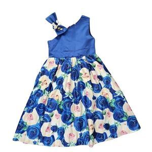 Girls 10-year blue cream Rose silky formal puffy sleeveless dress fancy princess